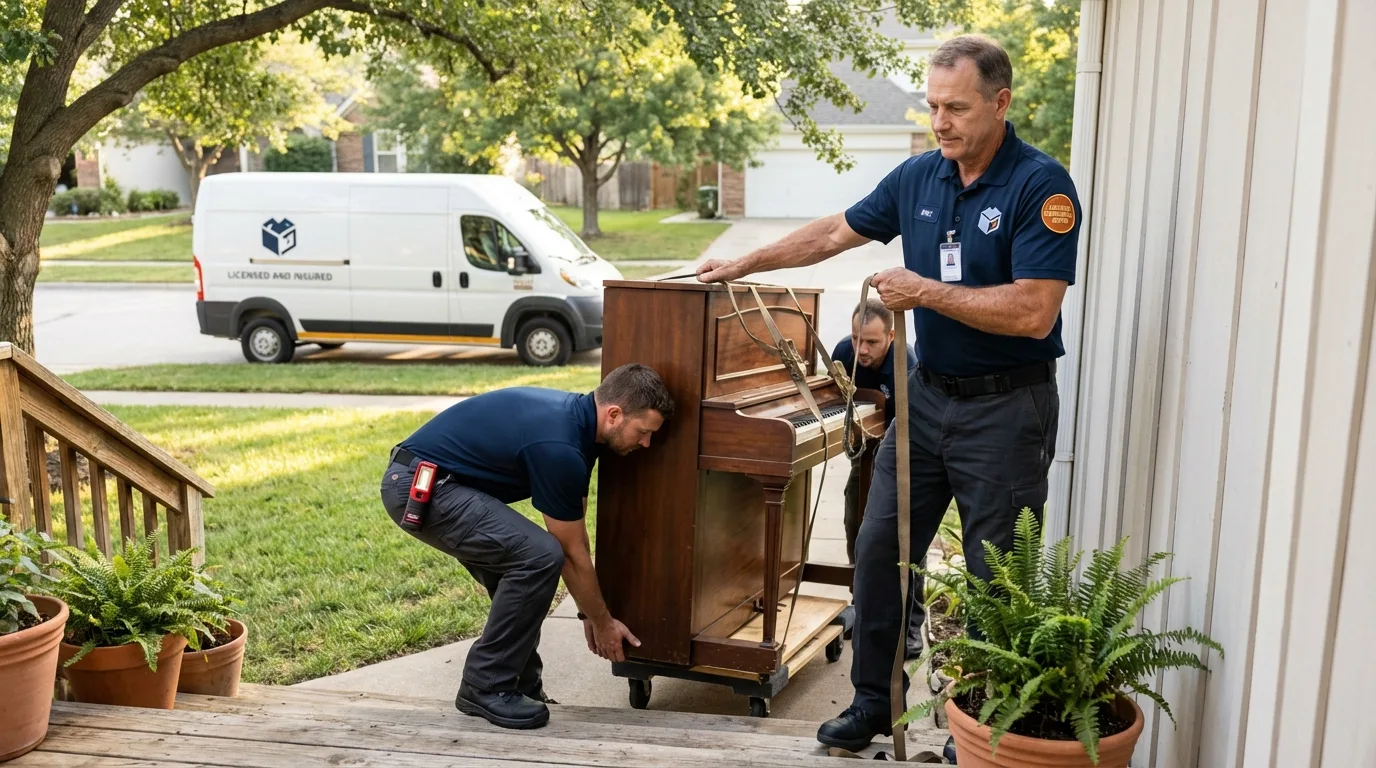 Licensed piano movers securing grand piano in Eagle Lake, MN