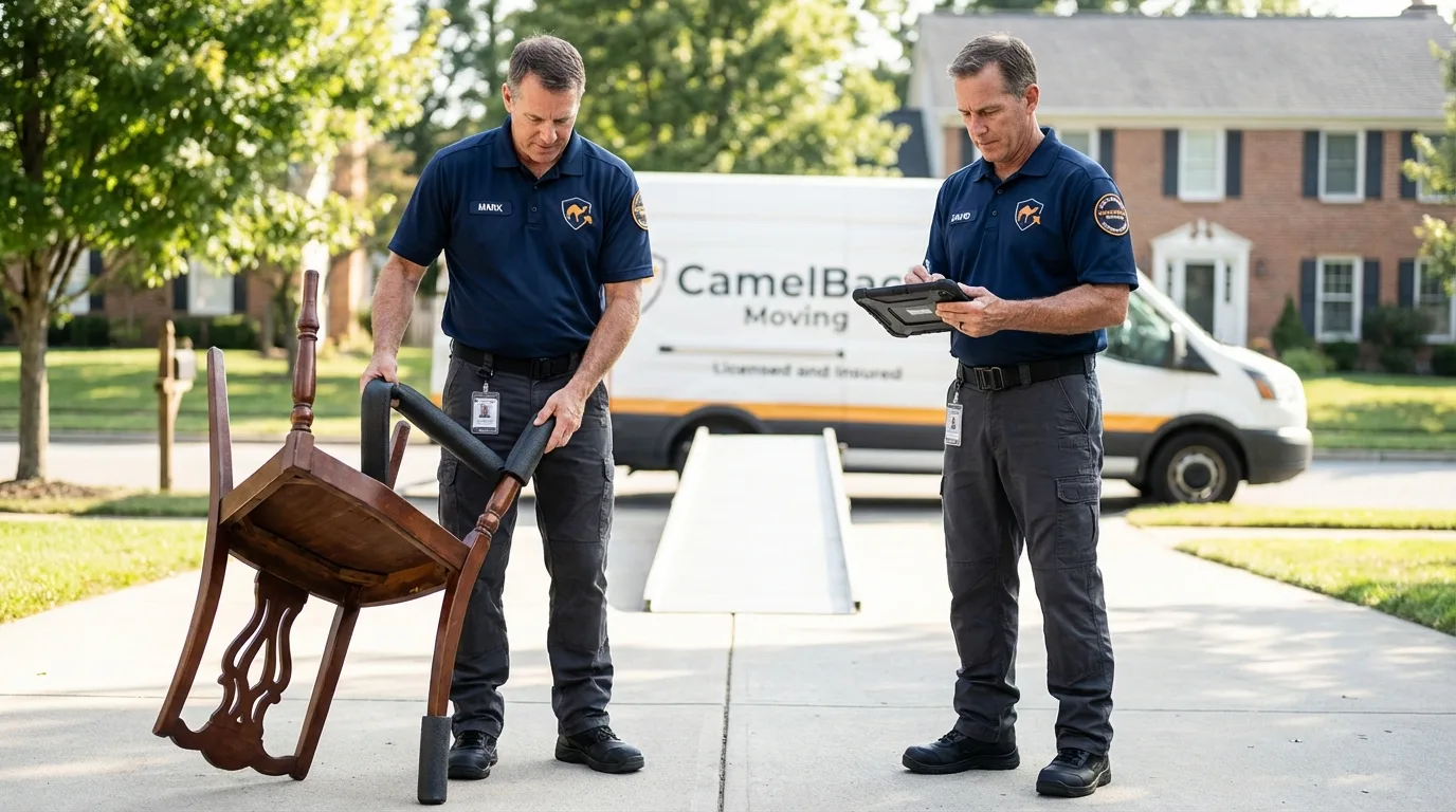 Movers inspecting furniture for damage prevention before loading in Eagle Lake, MN