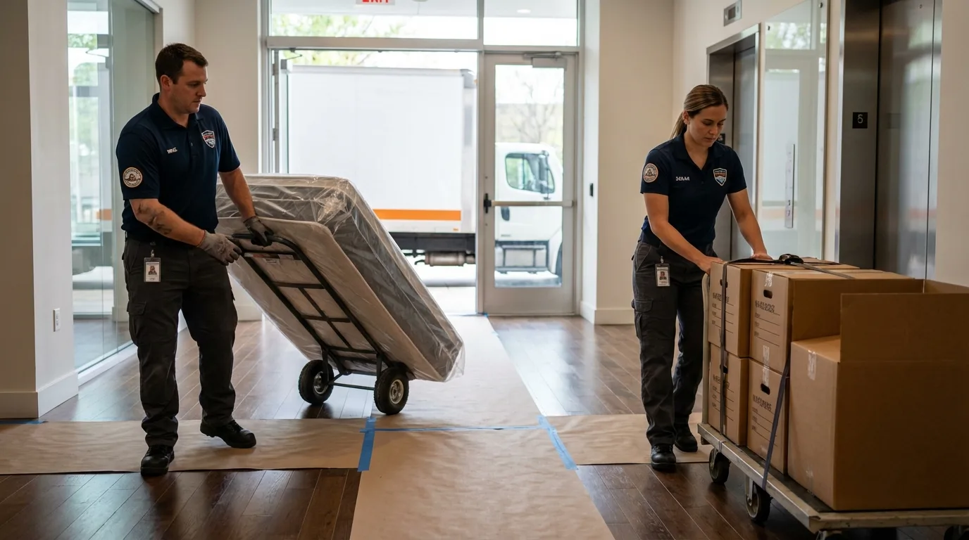 Professional apartment movers loading elevator in Eagle Lake, MN